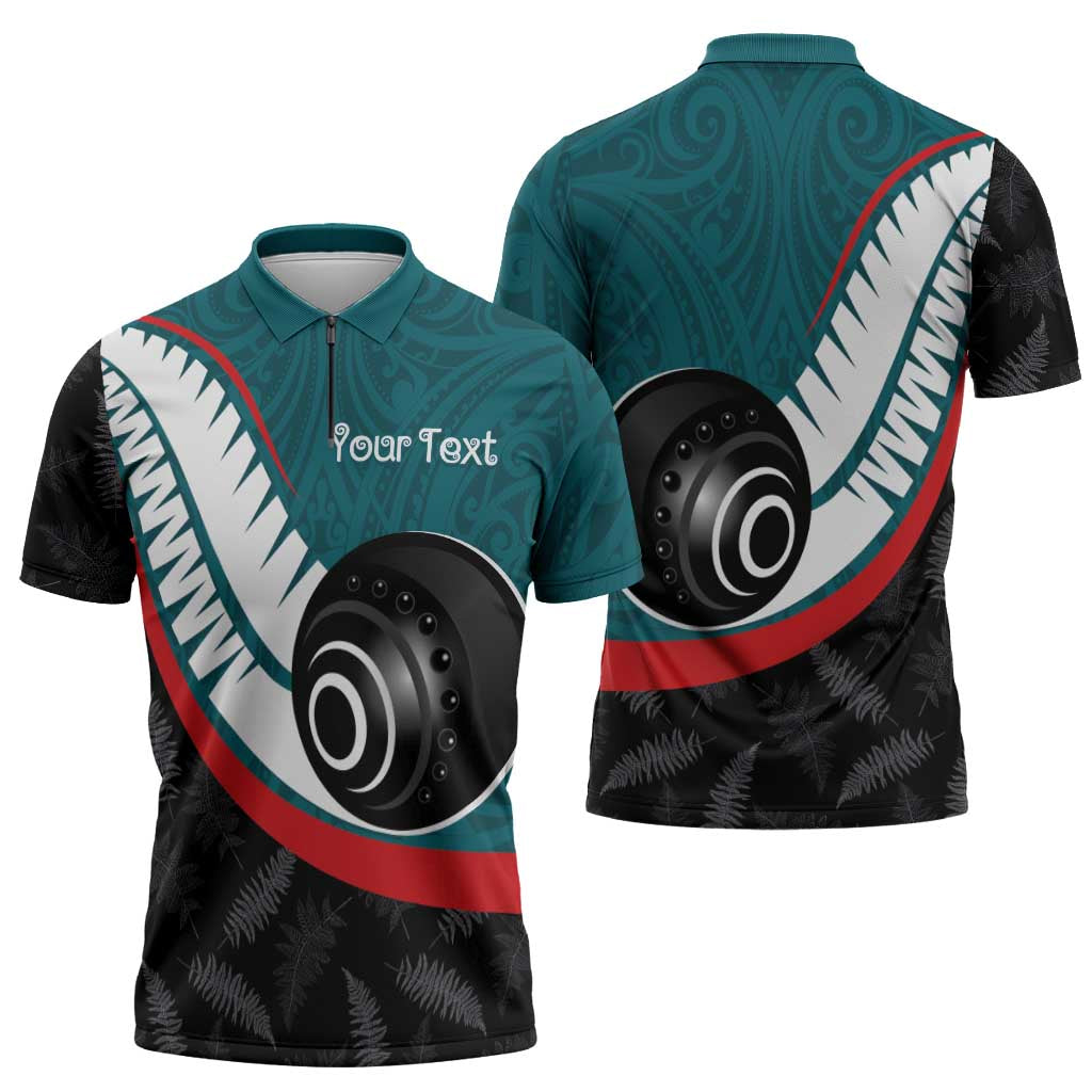 Personalised Aotearoa Lawn Bowls Zipper Polo Shirt Maori and Silver Fern Sporty Style Teal Color - Aussie Hoodie