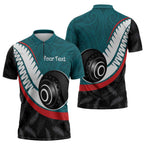 Personalised Aotearoa Lawn Bowls Zipper Polo Shirt Maori and Silver Fern Sporty Style Teal Color - Aussie Hoodie