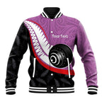 Personalised Aotearoa Lawn Bowls Baseball Jacket Maori and Silver Fern Sporty Style Pink Color - Aussie Hoodie