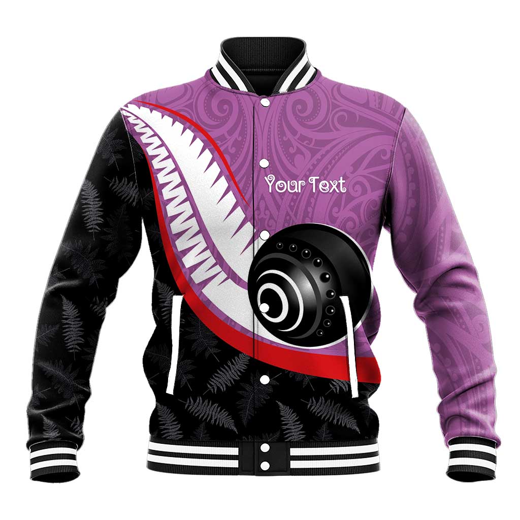 Personalised Aotearoa Lawn Bowls Baseball Jacket Maori and Silver Fern Sporty Style Pink Color - Aussie Hoodie