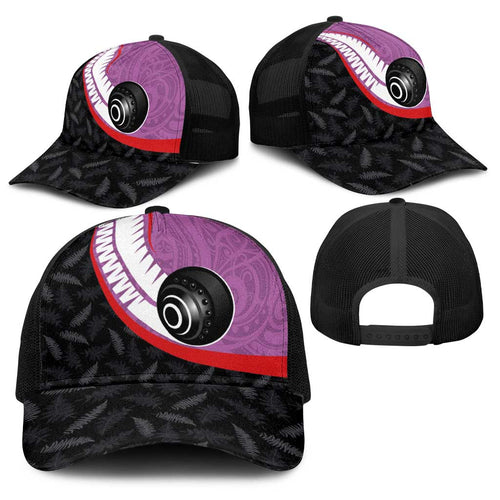Aotearoa Lawn Bowls Baseball Net Cap Maori and Silver Fern Sporty Style Pink Color - Aussie Hoodie