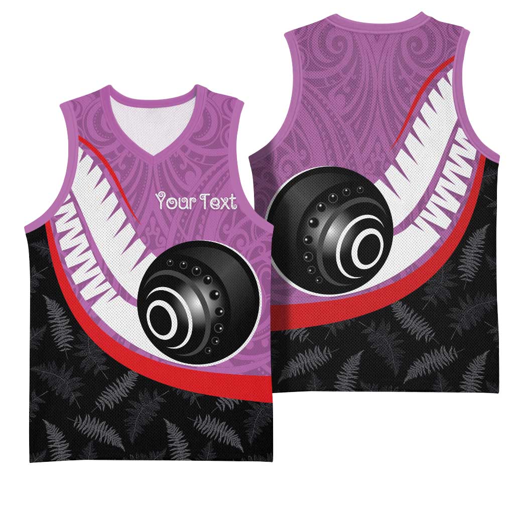 Personalised Aotearoa Lawn Bowls Basketball Jersey Maori and Silver Fern Sporty Style Pink Color - Aussie Hoodie