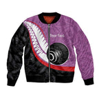 Personalised Aotearoa Lawn Bowls Bomber Jacket Maori and Silver Fern Sporty Style Pink Color - Aussie Hoodie