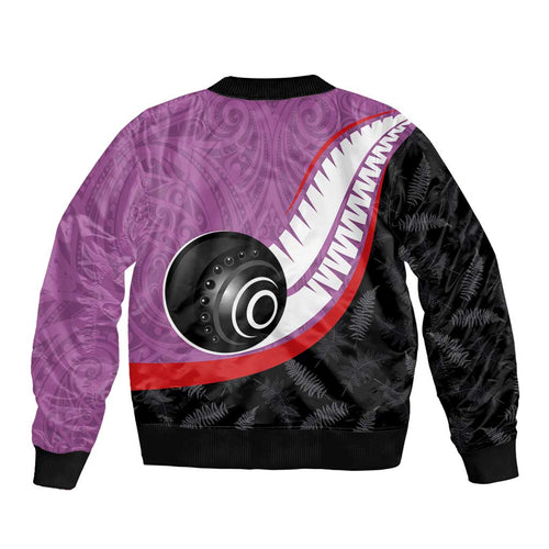 Personalised Aotearoa Lawn Bowls Bomber Jacket Maori and Silver Fern Sporty Style Pink Color - Aussie Hoodie