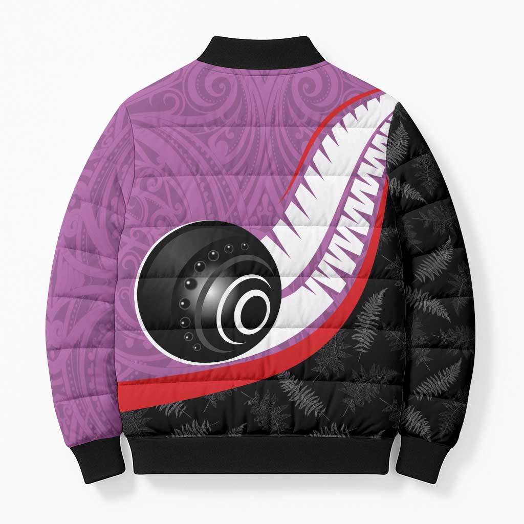 Personalised Aotearoa Lawn Bowls Bomber Puffer Jacket Maori and Silver Fern Sporty Style Pink Color - Aussie Hoodie