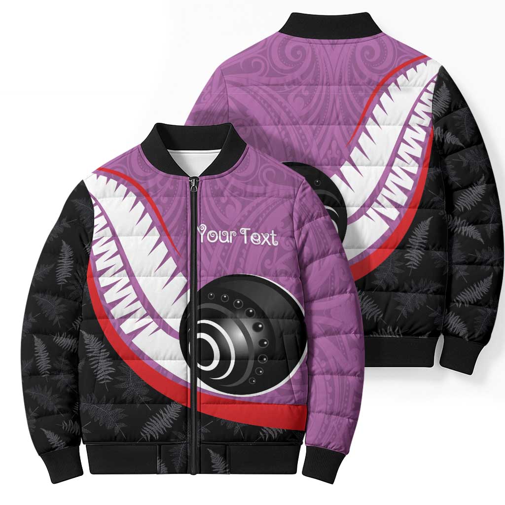Personalised Aotearoa Lawn Bowls Bomber Puffer Jacket Maori and Silver Fern Sporty Style Pink Color - Aussie Hoodie