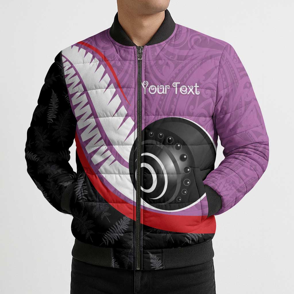 Personalised Aotearoa Lawn Bowls Bomber Puffer Jacket Maori and Silver Fern Sporty Style Pink Color - Aussie Hoodie