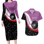 Personalised Aotearoa Lawn Bowls Couples Matching Long Sleeve Bodycon Dress and Hawaiian Shirt Maori and Silver Fern Sporty Style Pink Color - Aussie Hoodie