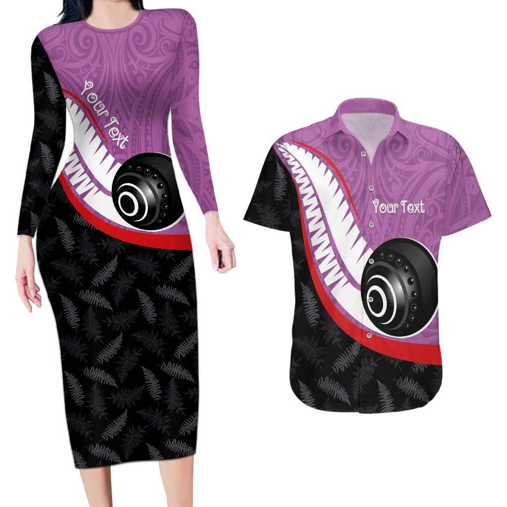 Personalised Aotearoa Lawn Bowls Couples Matching Long Sleeve Bodycon Dress and Hawaiian Shirt Maori and Silver Fern Sporty Style Pink Color - Aussie Hoodie