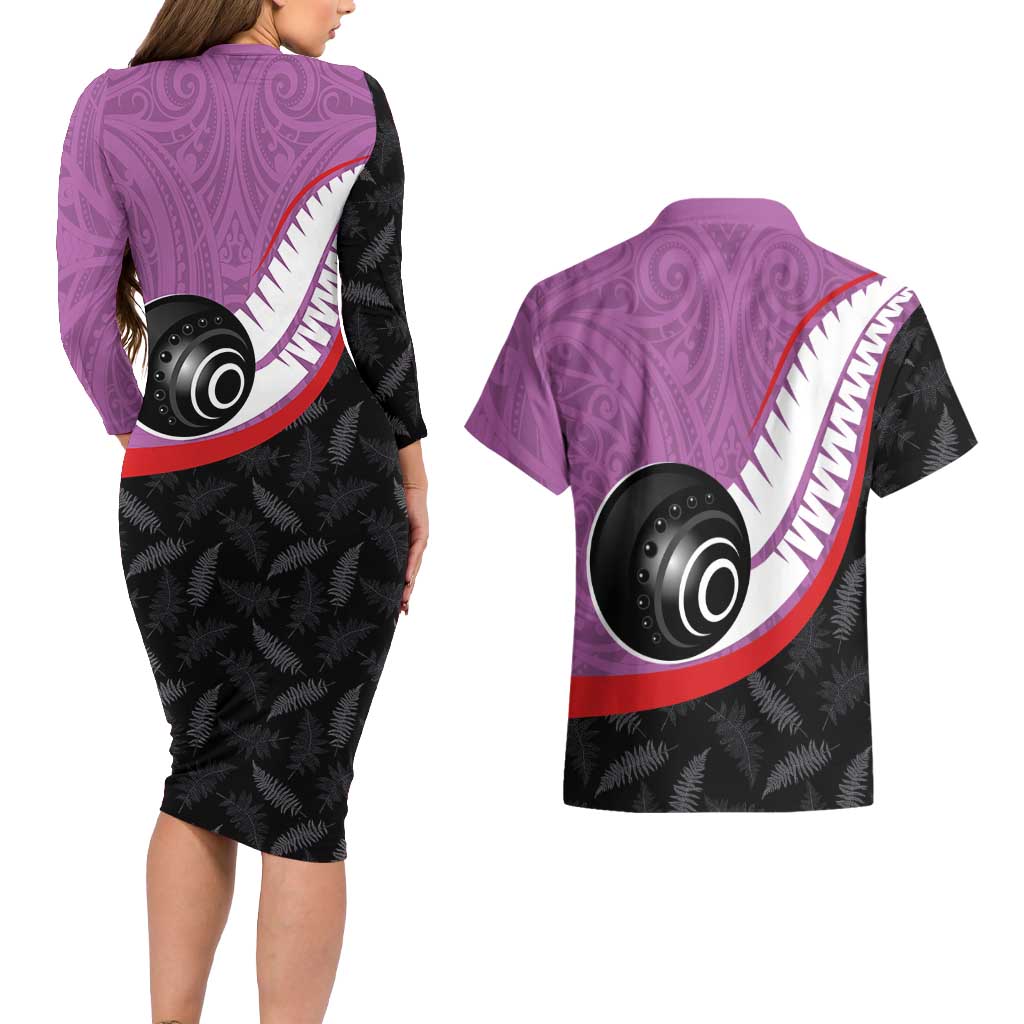 Personalised Aotearoa Lawn Bowls Couples Matching Long Sleeve Bodycon Dress and Hawaiian Shirt Maori and Silver Fern Sporty Style Pink Color - Aussie Hoodie