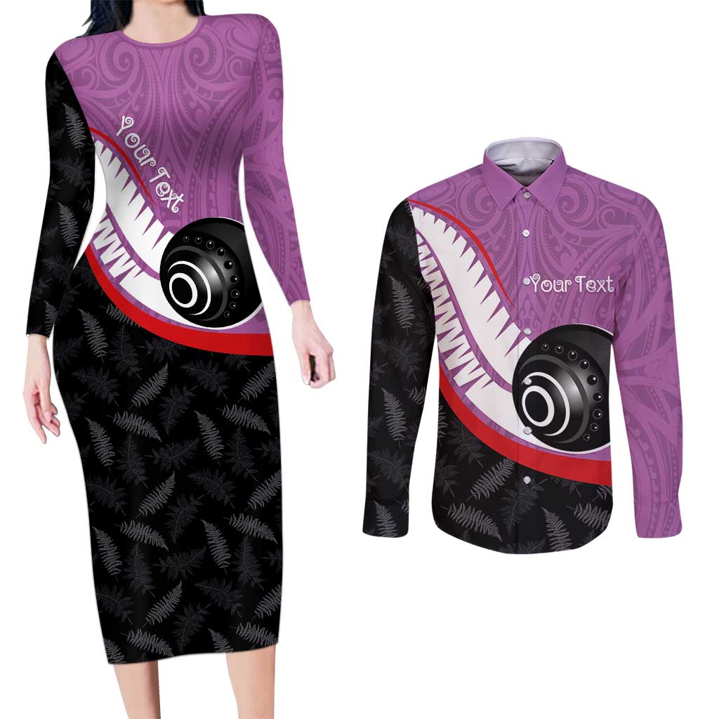 Personalised Aotearoa Lawn Bowls Couples Matching Long Sleeve Bodycon Dress and Long Sleeve Button Shirt Maori and Silver Fern Sporty Style Pink Color - Aussie Hoodie