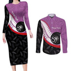 Personalised Aotearoa Lawn Bowls Couples Matching Long Sleeve Bodycon Dress and Long Sleeve Button Shirt Maori and Silver Fern Sporty Style Pink Color - Aussie Hoodie