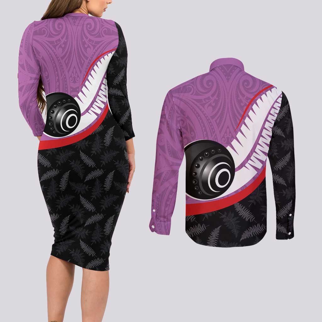 Personalised Aotearoa Lawn Bowls Couples Matching Long Sleeve Bodycon Dress and Long Sleeve Button Shirt Maori and Silver Fern Sporty Style Pink Color - Aussie Hoodie