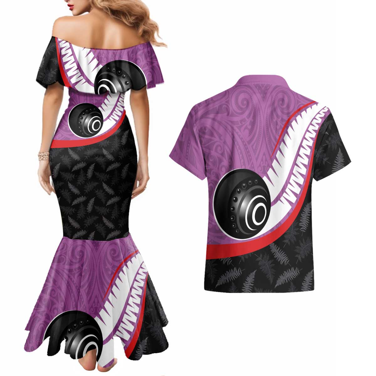 Personalised Aotearoa Lawn Bowls Couples Matching Mermaid Dress and Hawaiian Shirt Maori and Silver Fern Sporty Style Pink Color - Aussie Hoodie
