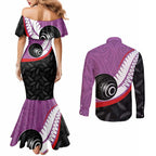 Personalised Aotearoa Lawn Bowls Couples Matching Mermaid Dress and Long Sleeve Button Shirt Maori and Silver Fern Sporty Style Pink Color - Aussie Hoodie
