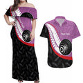 Personalised Aotearoa Lawn Bowls Couples Matching Off Shoulder Maxi Dress and Hawaiian Shirt Maori and Silver Fern Sporty Style Pink Color - Aussie Hoodie