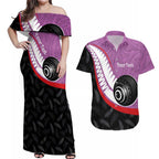Personalised Aotearoa Lawn Bowls Couples Matching Off Shoulder Maxi Dress and Hawaiian Shirt Maori and Silver Fern Sporty Style Pink Color - Aussie Hoodie