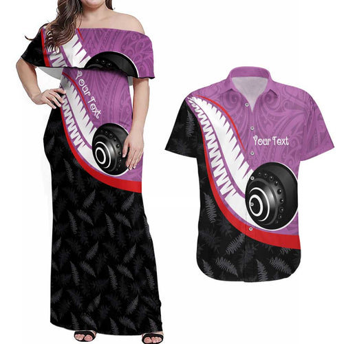 Personalised Aotearoa Lawn Bowls Couples Matching Off Shoulder Maxi Dress and Hawaiian Shirt Maori and Silver Fern Sporty Style Pink Color - Aussie Hoodie