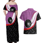 Personalised Aotearoa Lawn Bowls Couples Matching Off Shoulder Maxi Dress and Hawaiian Shirt Maori and Silver Fern Sporty Style Pink Color - Aussie Hoodie