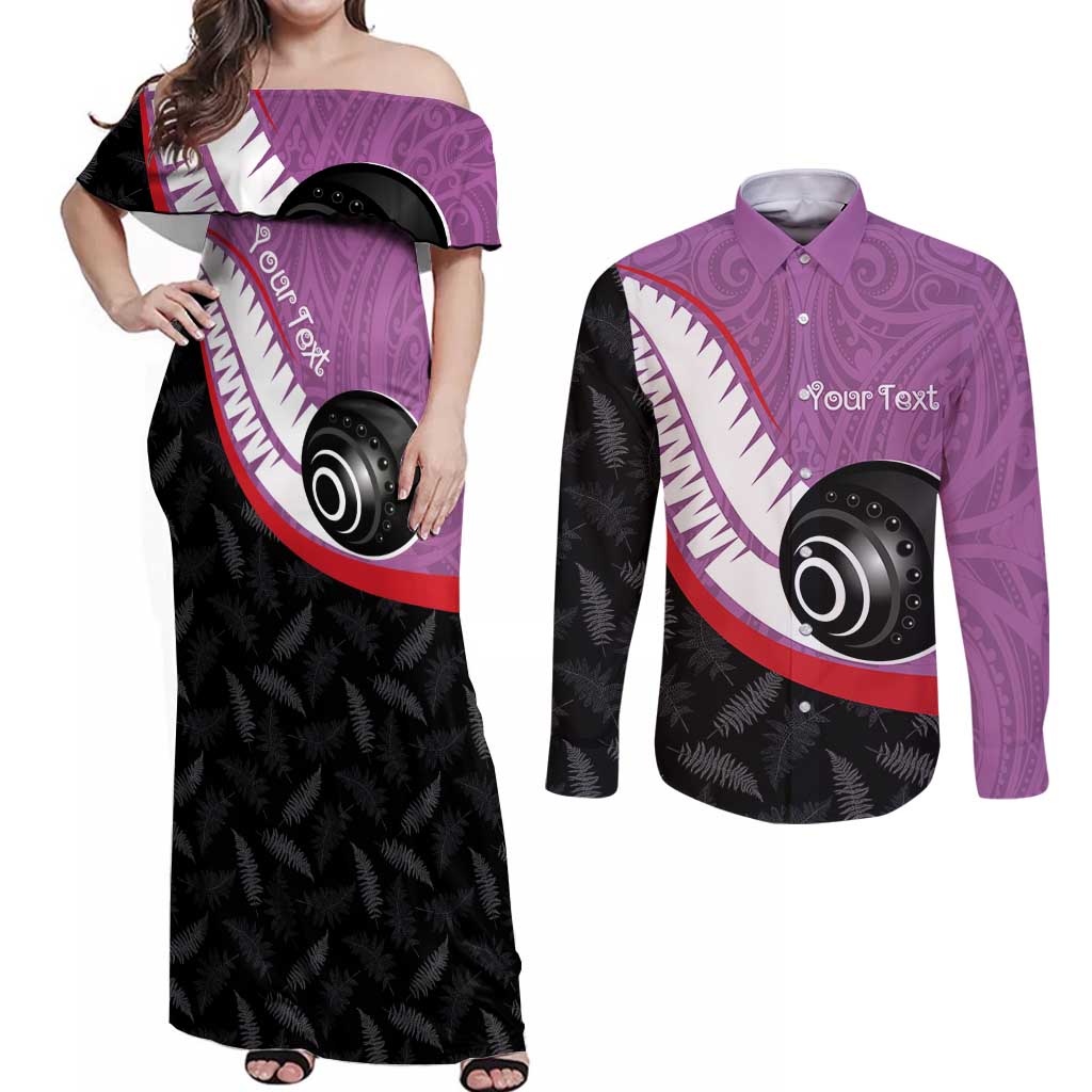 Personalised Aotearoa Lawn Bowls Couples Matching Off Shoulder Maxi Dress and Long Sleeve Button Shirt Maori and Silver Fern Sporty Style Pink Color - Aussie Hoodie