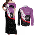 Personalised Aotearoa Lawn Bowls Couples Matching Off Shoulder Maxi Dress and Long Sleeve Button Shirt Maori and Silver Fern Sporty Style Pink Color - Aussie Hoodie