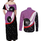 Personalised Aotearoa Lawn Bowls Couples Matching Off Shoulder Maxi Dress and Long Sleeve Button Shirt Maori and Silver Fern Sporty Style Pink Color - Aussie Hoodie