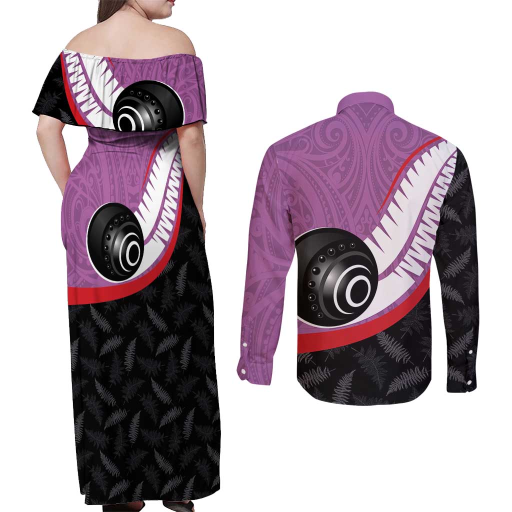 Personalised Aotearoa Lawn Bowls Couples Matching Off Shoulder Maxi Dress and Long Sleeve Button Shirt Maori and Silver Fern Sporty Style Pink Color - Aussie Hoodie
