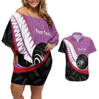 Personalised Aotearoa Lawn Bowls Couples Matching Off Shoulder Short Dress and Hawaiian Shirt Maori and Silver Fern Sporty Style Pink Color - Aussie Hoodie