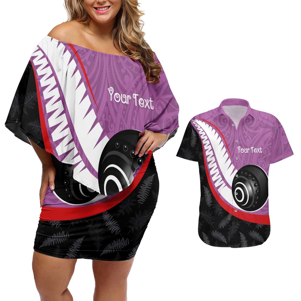 Personalised Aotearoa Lawn Bowls Couples Matching Off Shoulder Short Dress and Hawaiian Shirt Maori and Silver Fern Sporty Style Pink Color - Aussie Hoodie