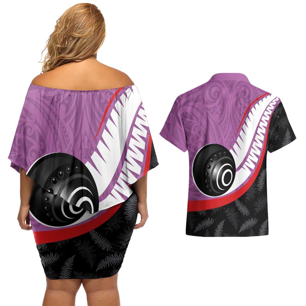 Personalised Aotearoa Lawn Bowls Couples Matching Off Shoulder Short Dress and Hawaiian Shirt Maori and Silver Fern Sporty Style Pink Color - Aussie Hoodie