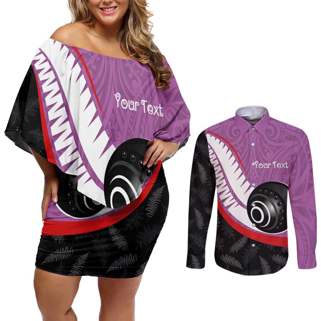 Personalised Aotearoa Lawn Bowls Couples Matching Off Shoulder Short Dress and Long Sleeve Button Shirt Maori and Silver Fern Sporty Style Pink Color - Aussie Hoodie