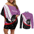 Personalised Aotearoa Lawn Bowls Couples Matching Off Shoulder Short Dress and Long Sleeve Button Shirt Maori and Silver Fern Sporty Style Pink Color - Aussie Hoodie