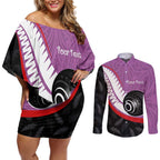 Personalised Aotearoa Lawn Bowls Couples Matching Off Shoulder Short Dress and Long Sleeve Button Shirt Maori and Silver Fern Sporty Style Pink Color - Aussie Hoodie