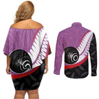 Personalised Aotearoa Lawn Bowls Couples Matching Off Shoulder Short Dress and Long Sleeve Button Shirt Maori and Silver Fern Sporty Style Pink Color - Aussie Hoodie
