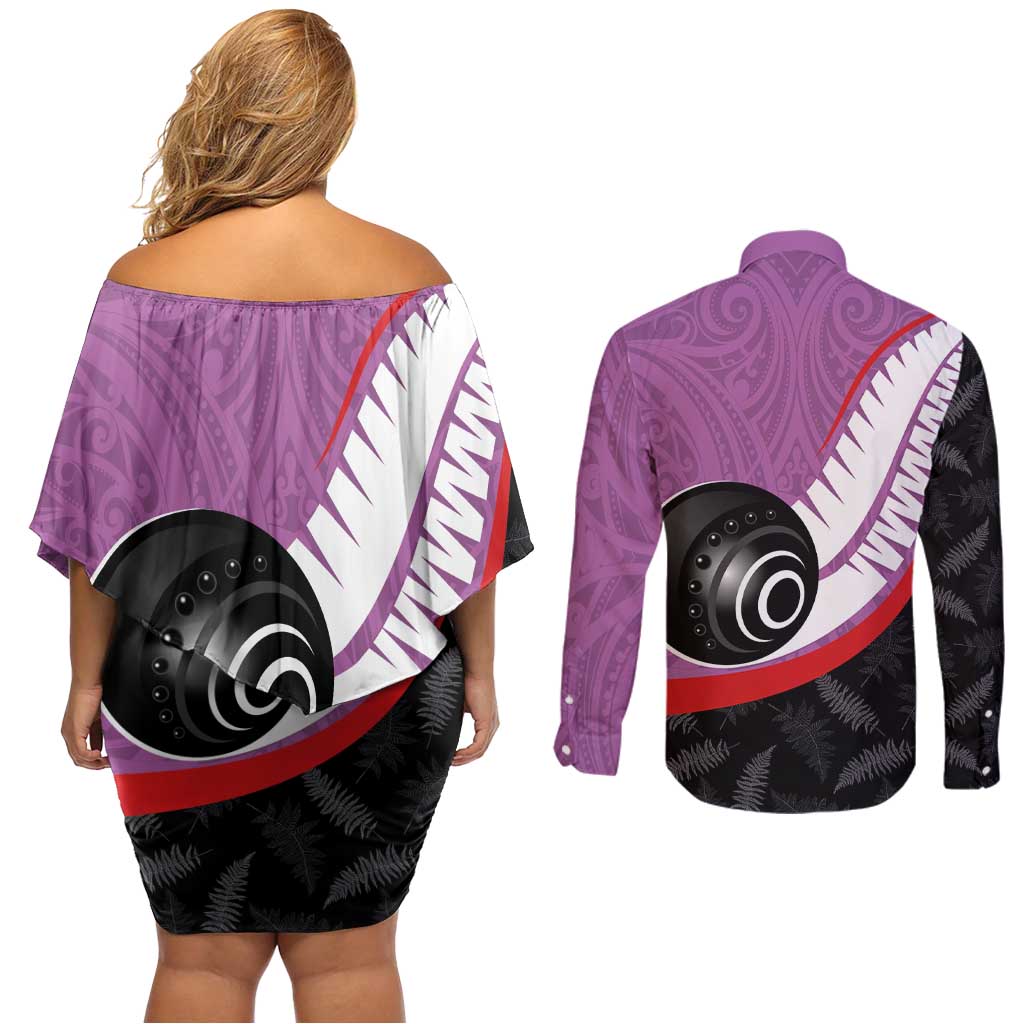 Personalised Aotearoa Lawn Bowls Couples Matching Off Shoulder Short Dress and Long Sleeve Button Shirt Maori and Silver Fern Sporty Style Pink Color - Aussie Hoodie