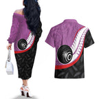 Personalised Aotearoa Lawn Bowls Couples Matching Off The Shoulder Long Sleeve Dress and Hawaiian Shirt Maori and Silver Fern Sporty Style Pink Color - Aussie Hoodie