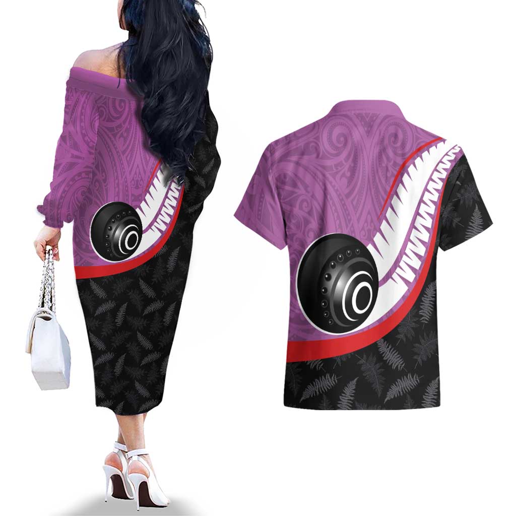 Personalised Aotearoa Lawn Bowls Couples Matching Off The Shoulder Long Sleeve Dress and Hawaiian Shirt Maori and Silver Fern Sporty Style Pink Color - Aussie Hoodie