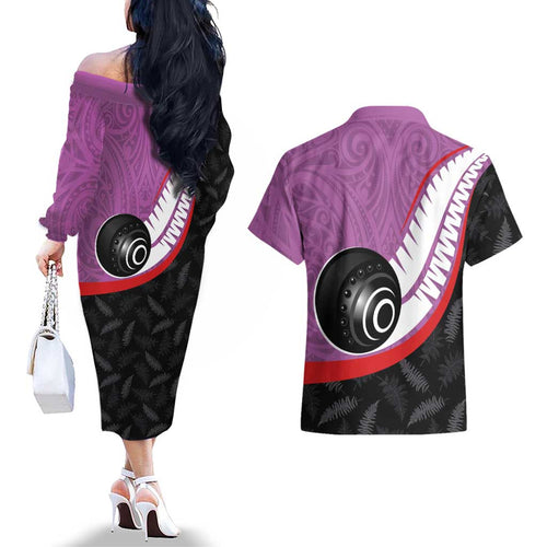 Personalised Aotearoa Lawn Bowls Couples Matching Off The Shoulder Long Sleeve Dress and Hawaiian Shirt Maori and Silver Fern Sporty Style Pink Color - Aussie Hoodie