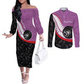 Personalised Aotearoa Lawn Bowls Couples Matching Off The Shoulder Long Sleeve Dress and Long Sleeve Button Shirt Maori and Silver Fern Sporty Style Pink Color - Aussie Hoodie