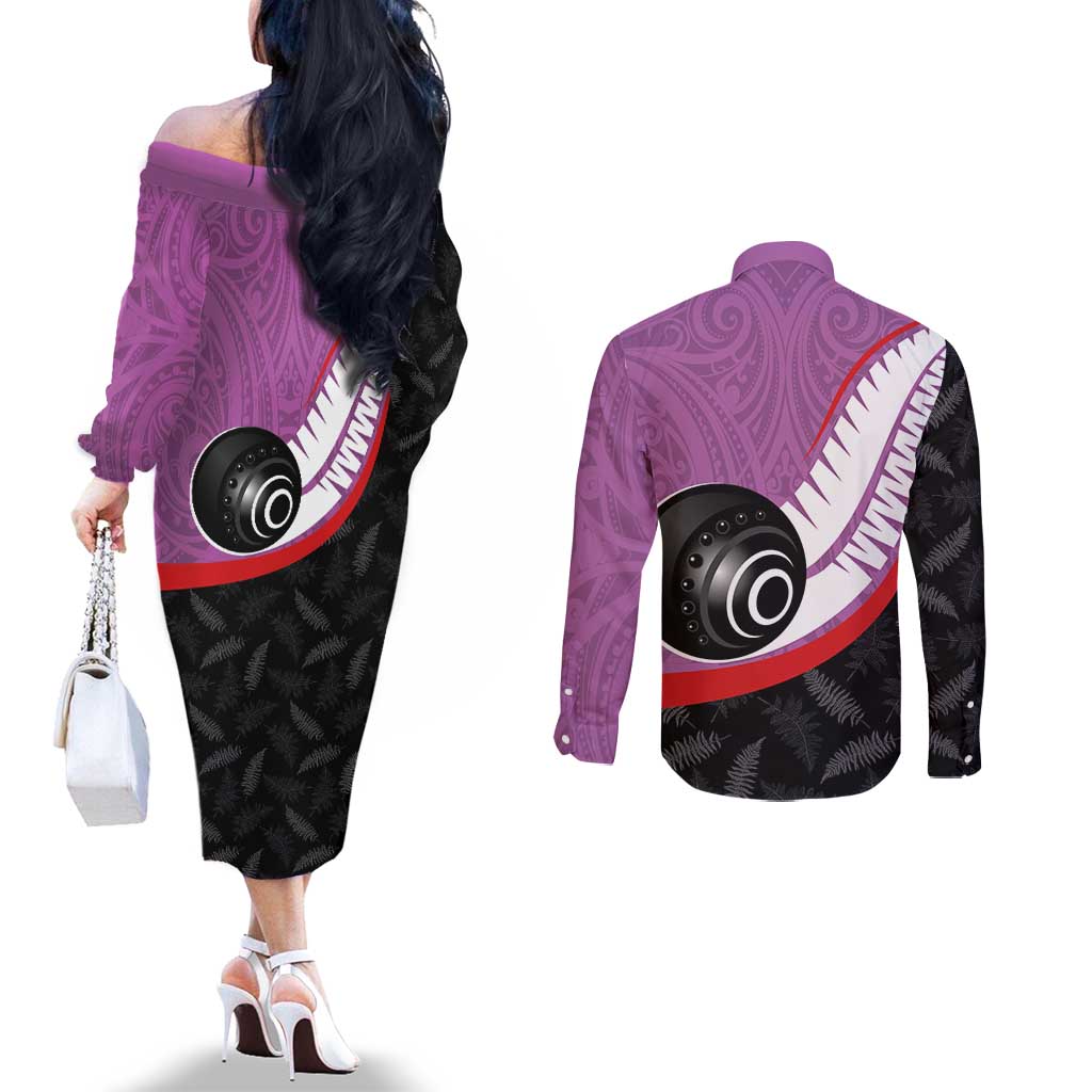 Personalised Aotearoa Lawn Bowls Couples Matching Off The Shoulder Long Sleeve Dress and Long Sleeve Button Shirt Maori and Silver Fern Sporty Style Pink Color - Aussie Hoodie