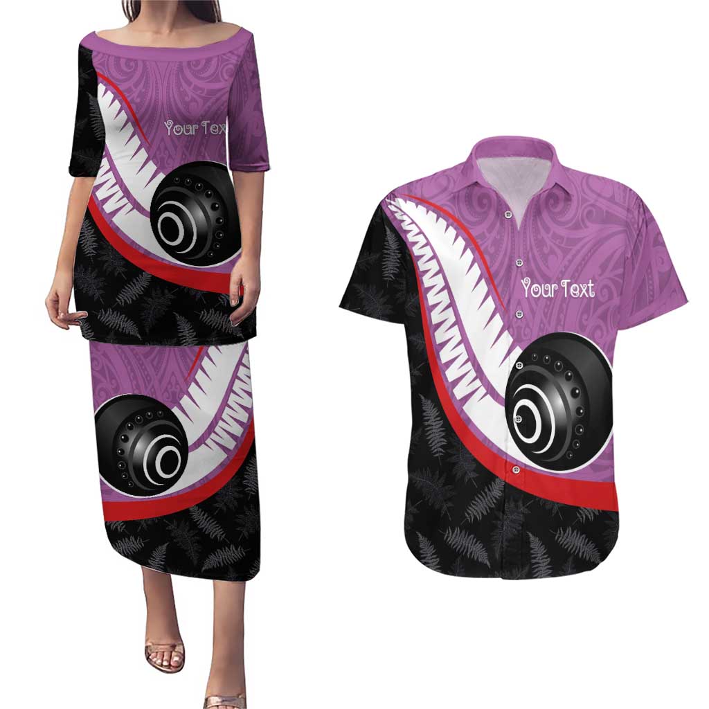 Personalised Aotearoa Lawn Bowls Couples Matching Puletasi and Hawaiian Shirt Maori and Silver Fern Sporty Style Pink Color - Aussie Hoodie