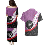 Personalised Aotearoa Lawn Bowls Couples Matching Puletasi and Hawaiian Shirt Maori and Silver Fern Sporty Style Pink Color - Aussie Hoodie