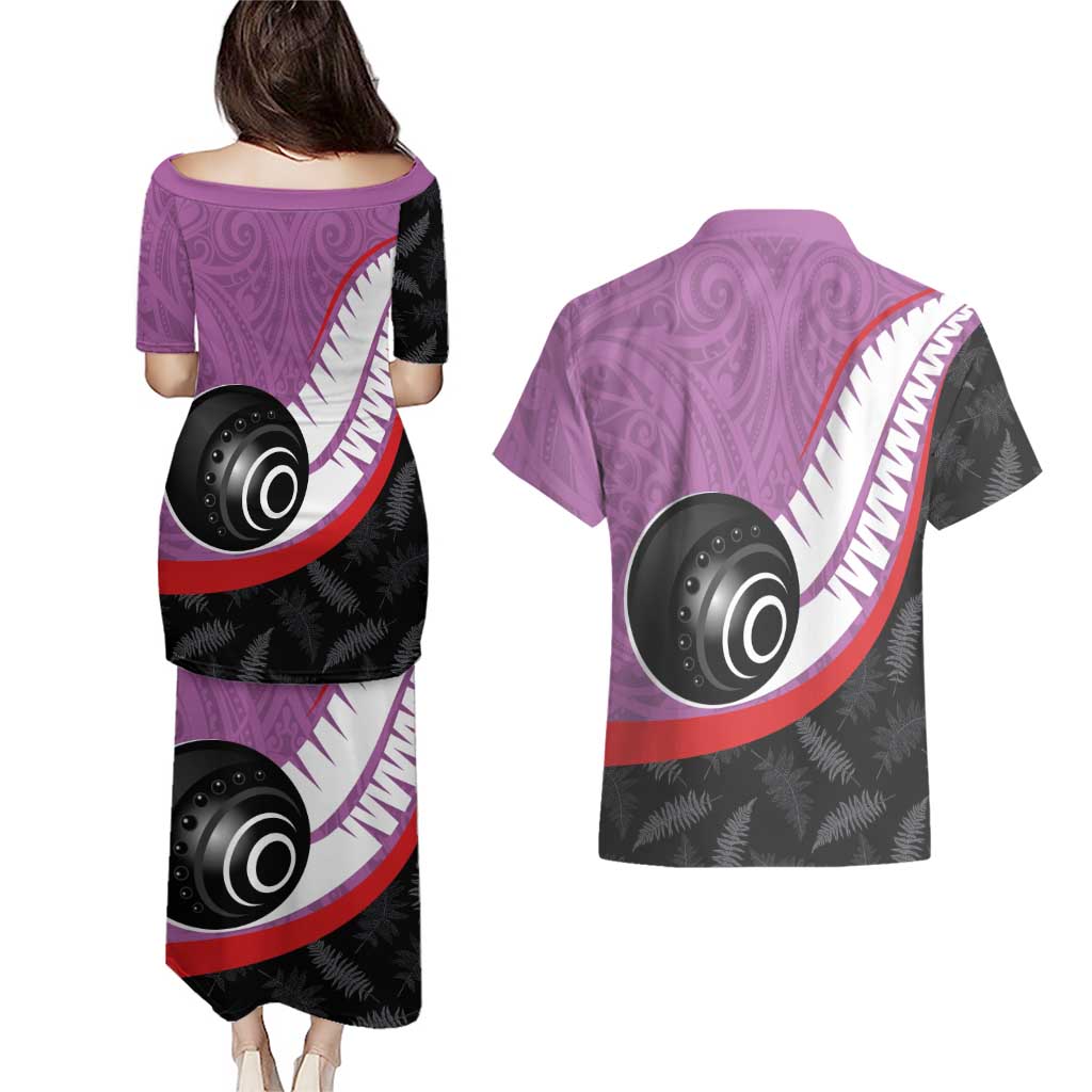 Personalised Aotearoa Lawn Bowls Couples Matching Puletasi and Hawaiian Shirt Maori and Silver Fern Sporty Style Pink Color - Aussie Hoodie