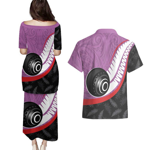 Personalised Aotearoa Lawn Bowls Couples Matching Puletasi and Hawaiian Shirt Maori and Silver Fern Sporty Style Pink Color - Aussie Hoodie