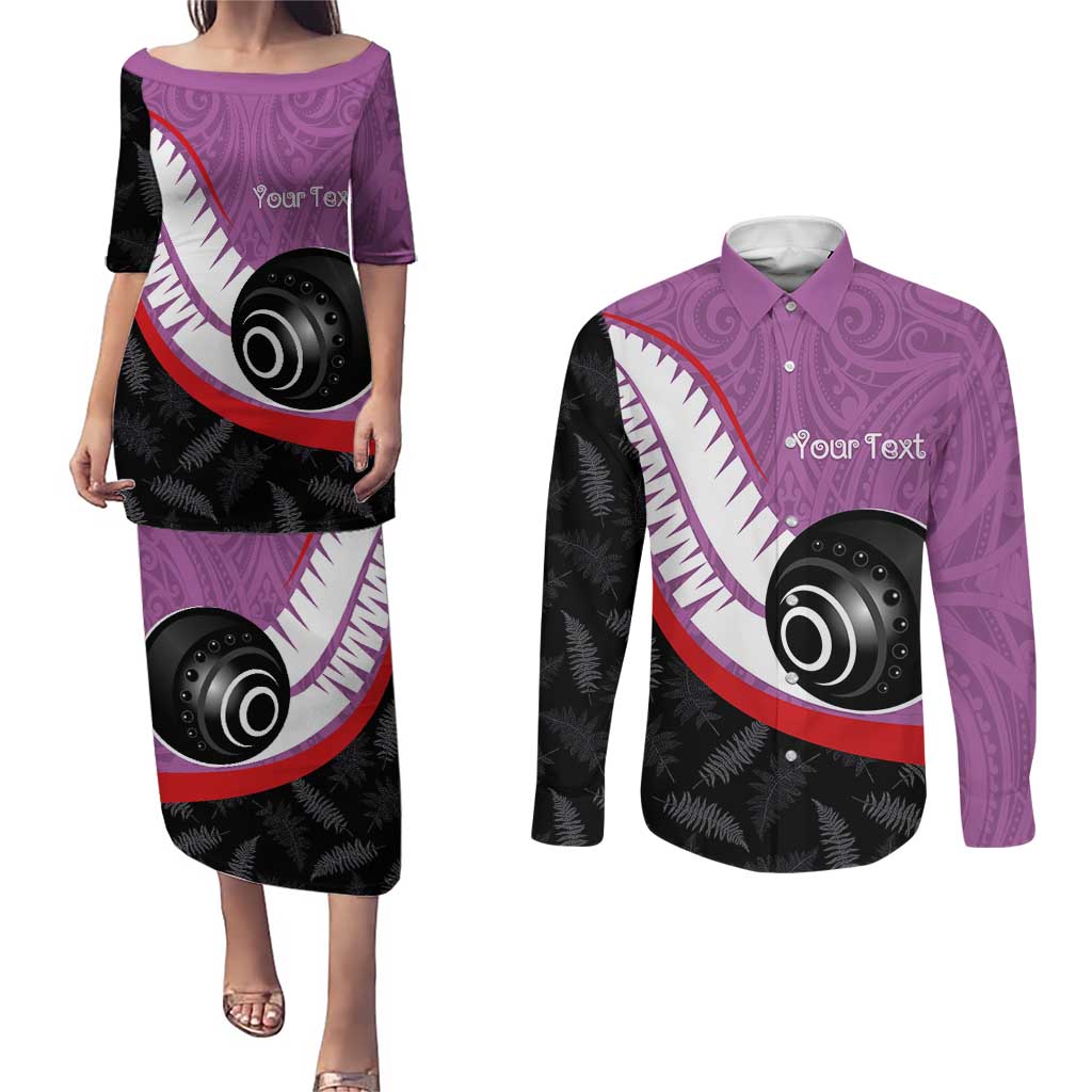 Personalised Aotearoa Lawn Bowls Couples Matching Puletasi and Long Sleeve Button Shirt Maori and Silver Fern Sporty Style Pink Color - Aussie Hoodie