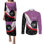 Personalised Aotearoa Lawn Bowls Couples Matching Puletasi and Long Sleeve Button Shirt Maori and Silver Fern Sporty Style Pink Color - Aussie Hoodie