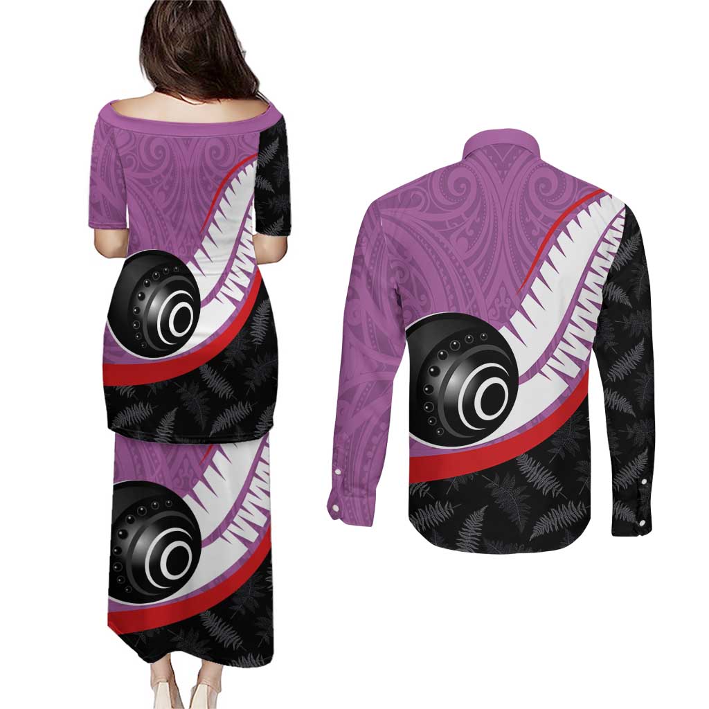 Personalised Aotearoa Lawn Bowls Couples Matching Puletasi and Long Sleeve Button Shirt Maori and Silver Fern Sporty Style Pink Color - Aussie Hoodie