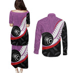 Personalised Aotearoa Lawn Bowls Couples Matching Puletasi and Long Sleeve Button Shirt Maori and Silver Fern Sporty Style Pink Color - Aussie Hoodie