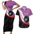 Personalised Aotearoa Lawn Bowls Couples Matching Short Sleeve Bodycon Dress and Hawaiian Shirt Maori and Silver Fern Sporty Style Pink Color - Aussie Hoodie