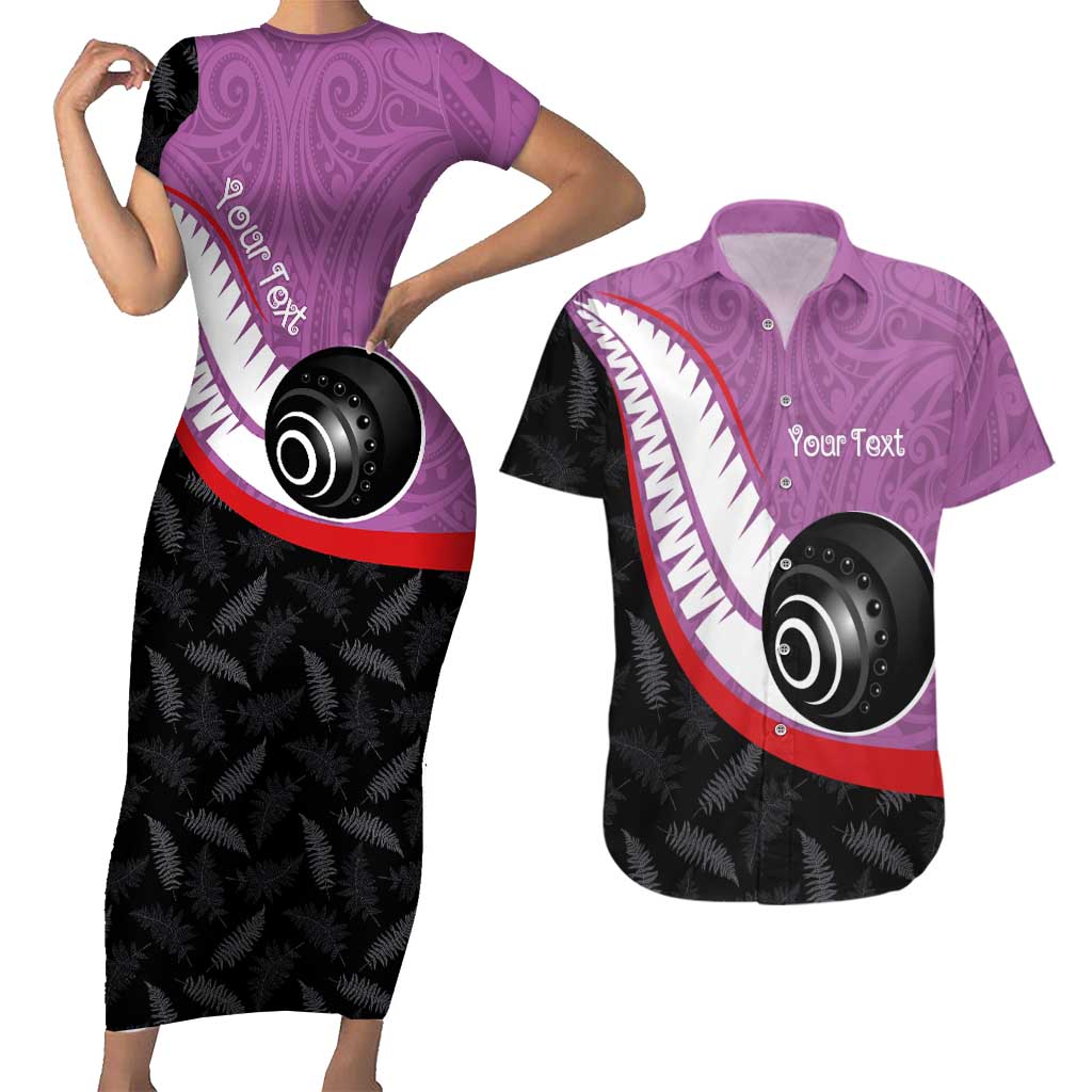 Personalised Aotearoa Lawn Bowls Couples Matching Short Sleeve Bodycon Dress and Hawaiian Shirt Maori and Silver Fern Sporty Style Pink Color - Aussie Hoodie